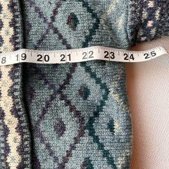 Bebhinn Marten Irish Wool Cardigan Sweater Green Blue Diamond Knit Made Ireland - Picture 12 of 13